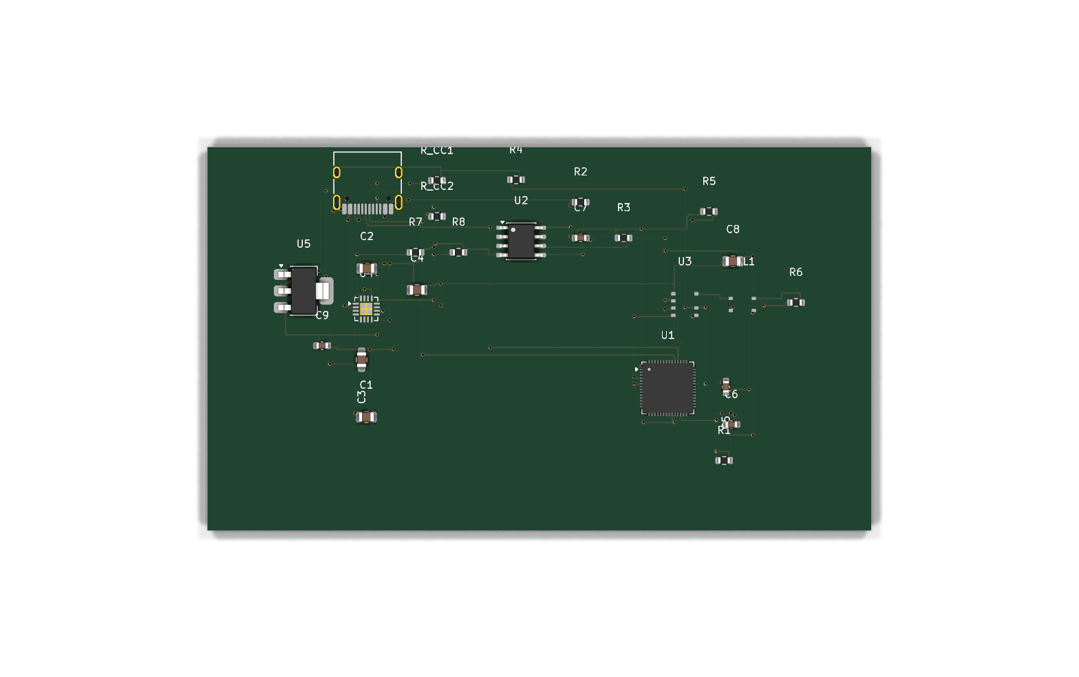 KiCad PCB render with component placement and routed connectivity